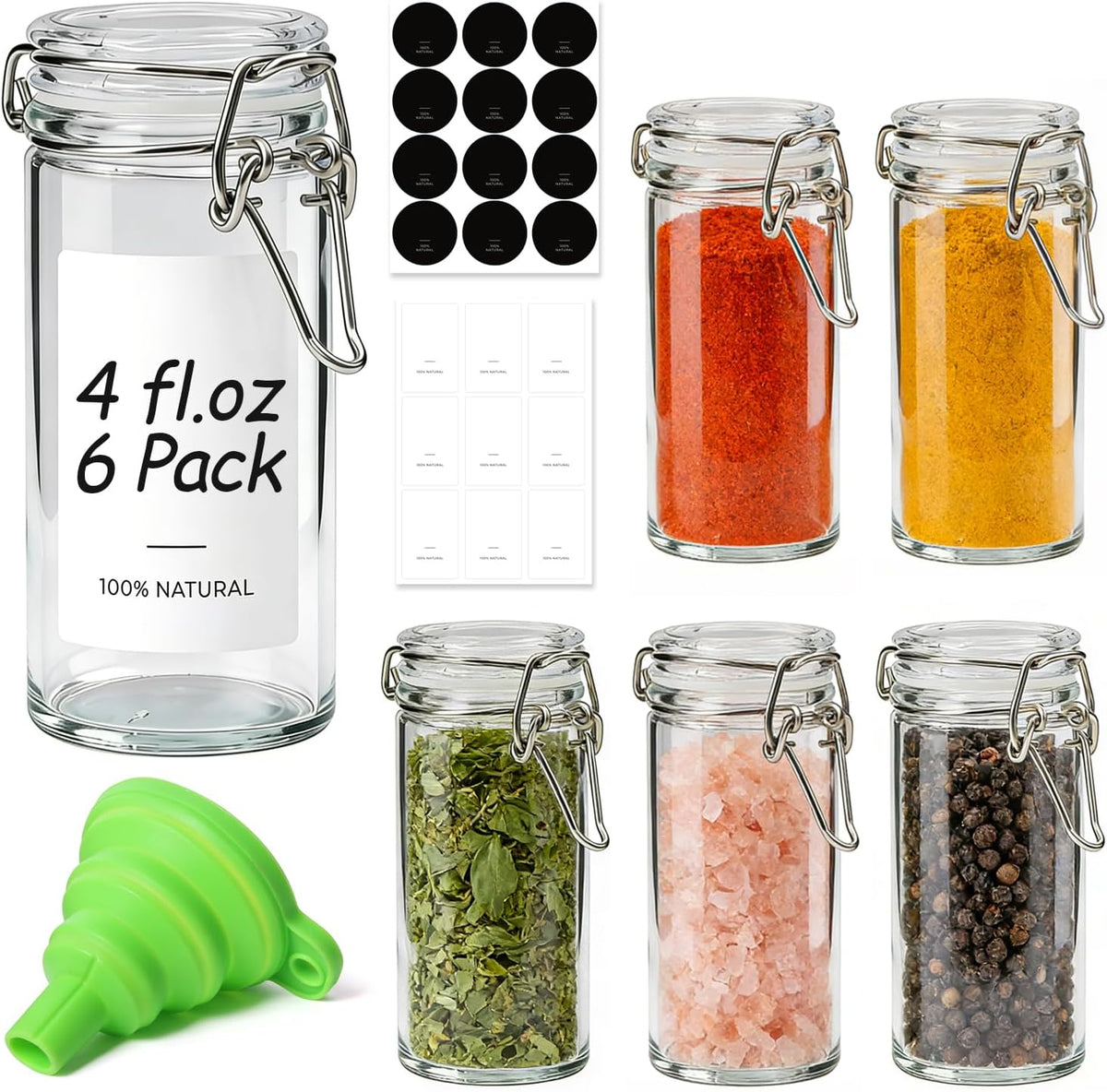 ComSaf Small Glass Spice Jars with Airtight Lids 4 oz 6 Pack with Labels