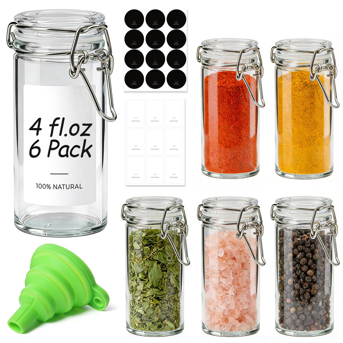 ComSaf Small Glass Spice Jars with Airtight Lids 4 oz 6 Pack with Labels
