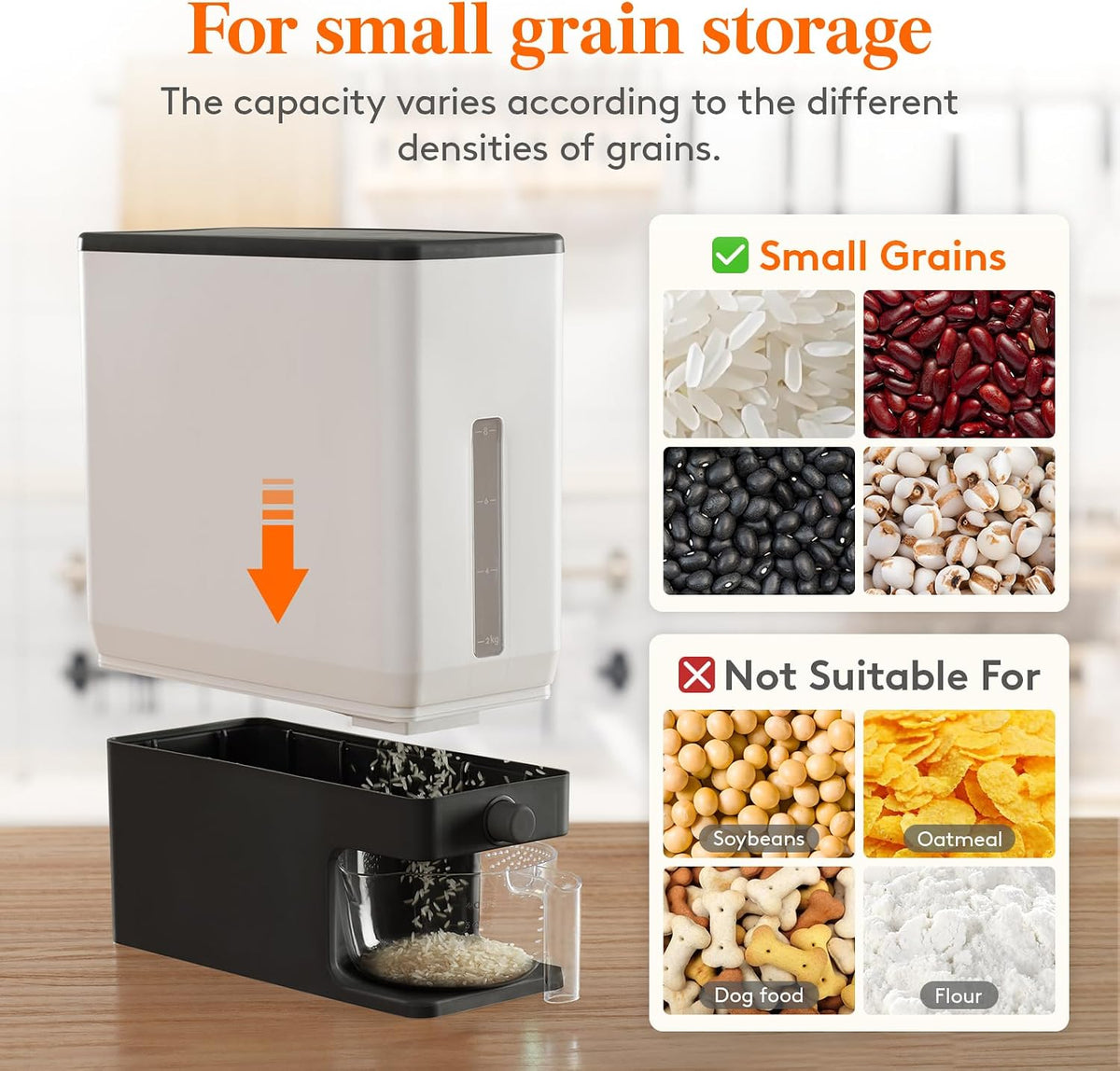 Lifewit Rice Container 29 Lbs, One-Press Dispenser with Measuring Cup 2 Pcs