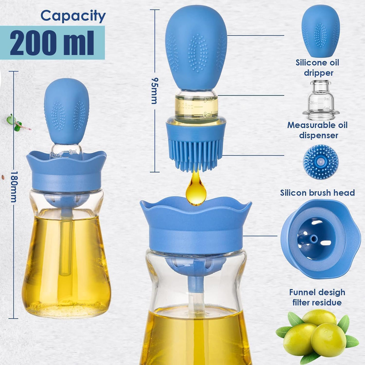 Oil Dispenser Bottle with Silicone Brush, 200ML 2 in 1 Silicone Dropper Measuring Oil Dispenser Bottle for Kitchen Cooking, Frying, Baking, BBQ Pancake, Air Fryer, Marinating - Cream White
