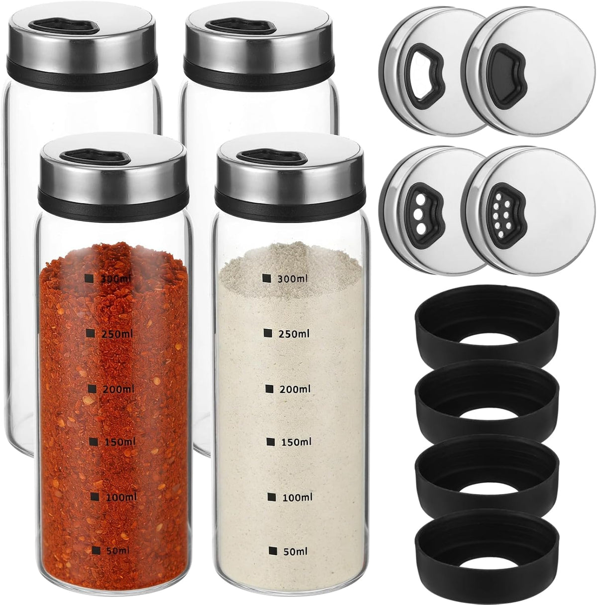 4 Pcs Salt and Pepper Shakers, 350ml Glass Spice Bottles with Adjustable Pour Holes, Spice Dispensers with Non-Slip Silicone Bases, Seasoning Jars with Rotating Steel Lids for Kitchen
