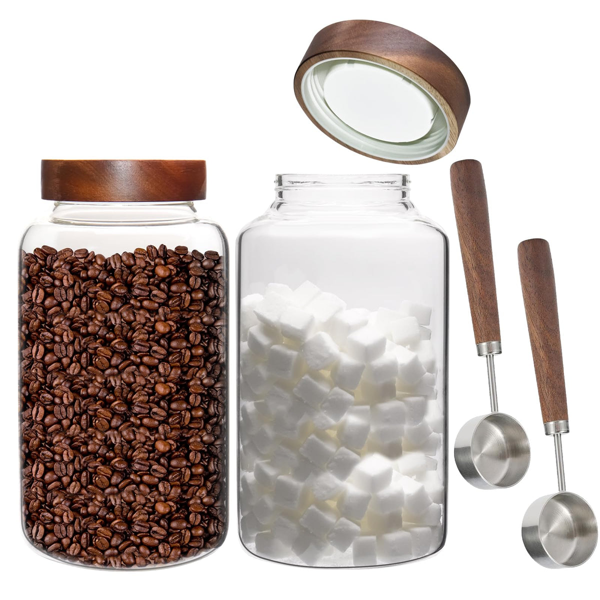 6 pc Glass Spice jars Glass Jars with Screw Lid 5 oz Acacia Wood Glass Herb Sugar Coffee Bean Ground Container Food Storage Canister for Candy Pantry Tea Seasoning Meal Prep Snack (6*150ml(5oz))