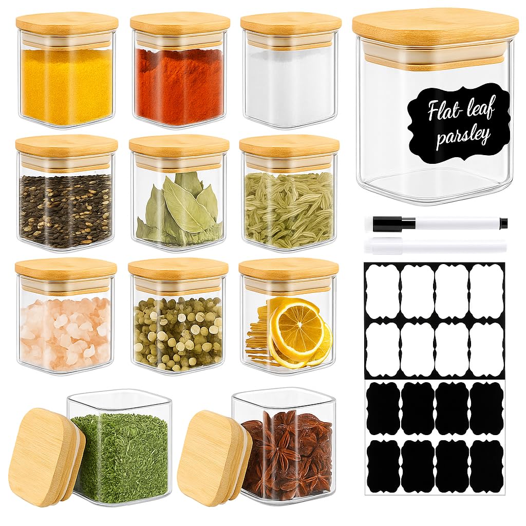 TBWIND 12 Pack 8 oz Square Glass Spice Jars with Lids and Labels – Airtight Small Spice Containers Set, Clear Glass Storage Jars for Seasoning, Spices, Kitchen Pantry Organization