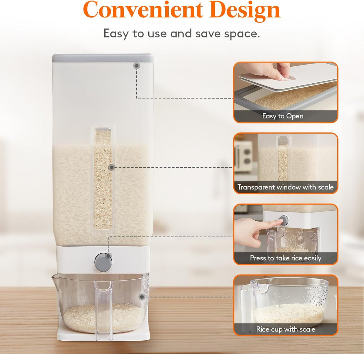 Lifewit Rice Container 29 Lbs, One-Press Dispenser with Measuring Cup 2 Pcs
