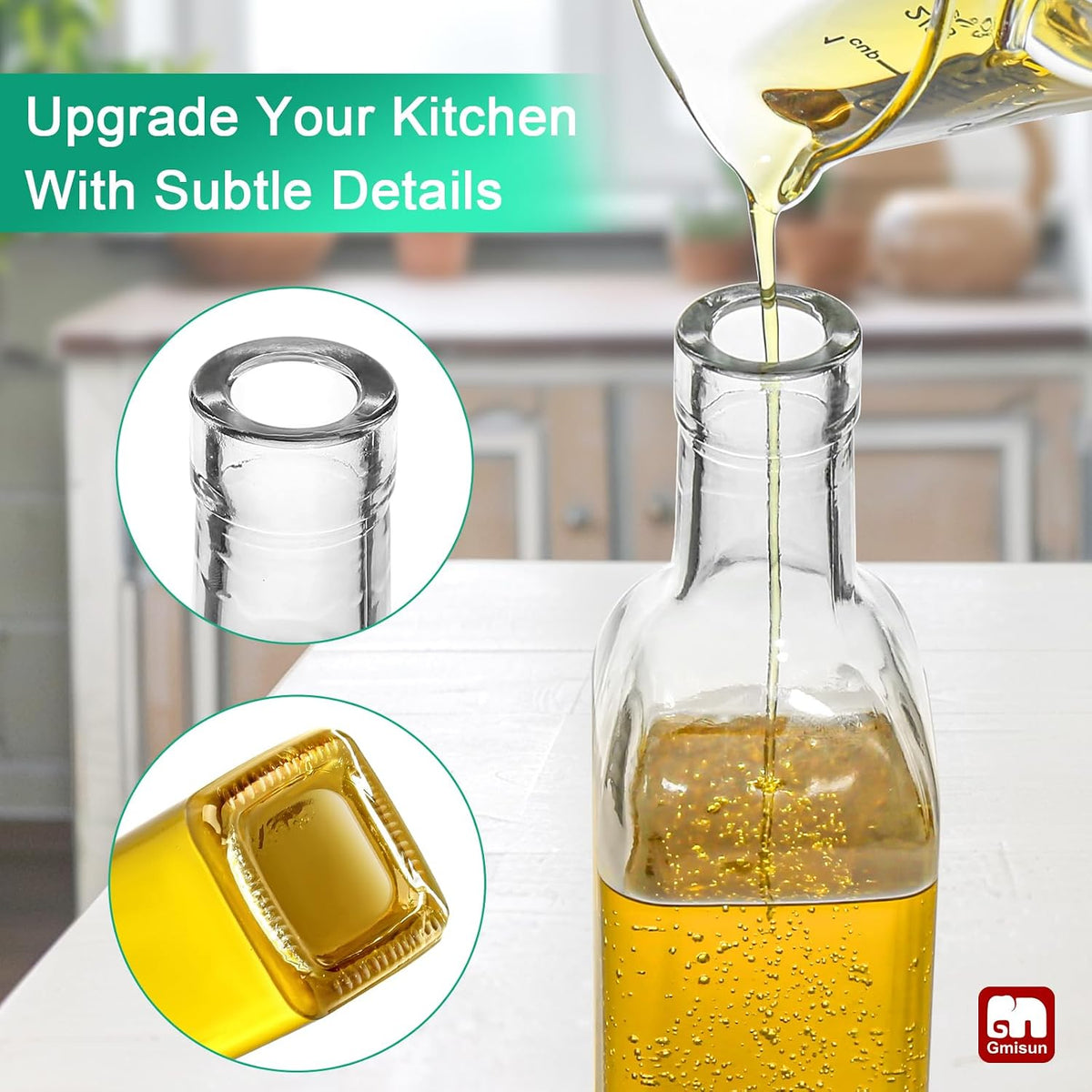 gmisun Olive Oil Dispenser Bottle for Kitchen, 4 Pack 17 Fl Oz Glass Oil Dispensers Bottles, Clear Cooking Vegetable Oil Dispenser Container Cruet Set with Plastic Pourer Spout, Funnel and Labels