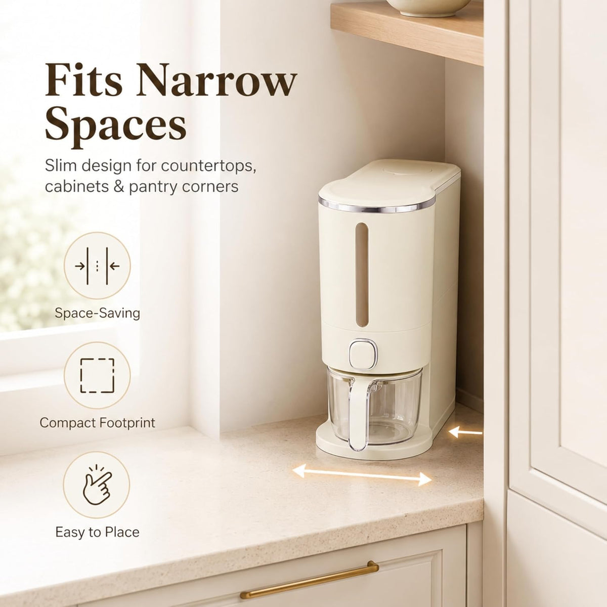 ROOM127 Slim Rice Dispenser with Measuring Cup - 11-15 lb, Cream White