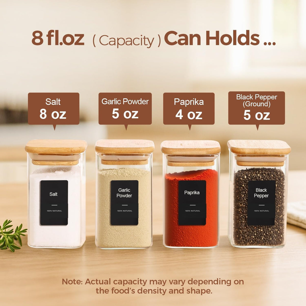 ComSaf Square Glass Spice Jars with Labels 8 oz 16 Pack with Bamboo Lids