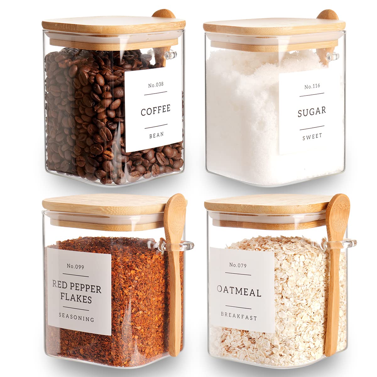 4 Pcs 27oz Glass Jar with Bamboo Lid and Spoon, Sugar and Coffee Container