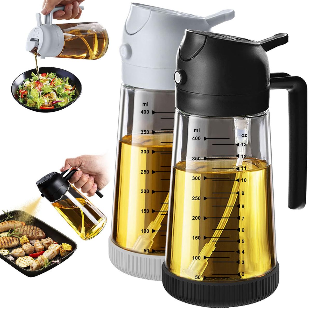 TrendPlain 16oz/470ml Glass Olive Oil Sprayer for Cooking – 2 in 1 Olive Oil Dispenser Bottle for Kitchen Gadgets and Air Fryer Accessories, Salad, BBQ - Green