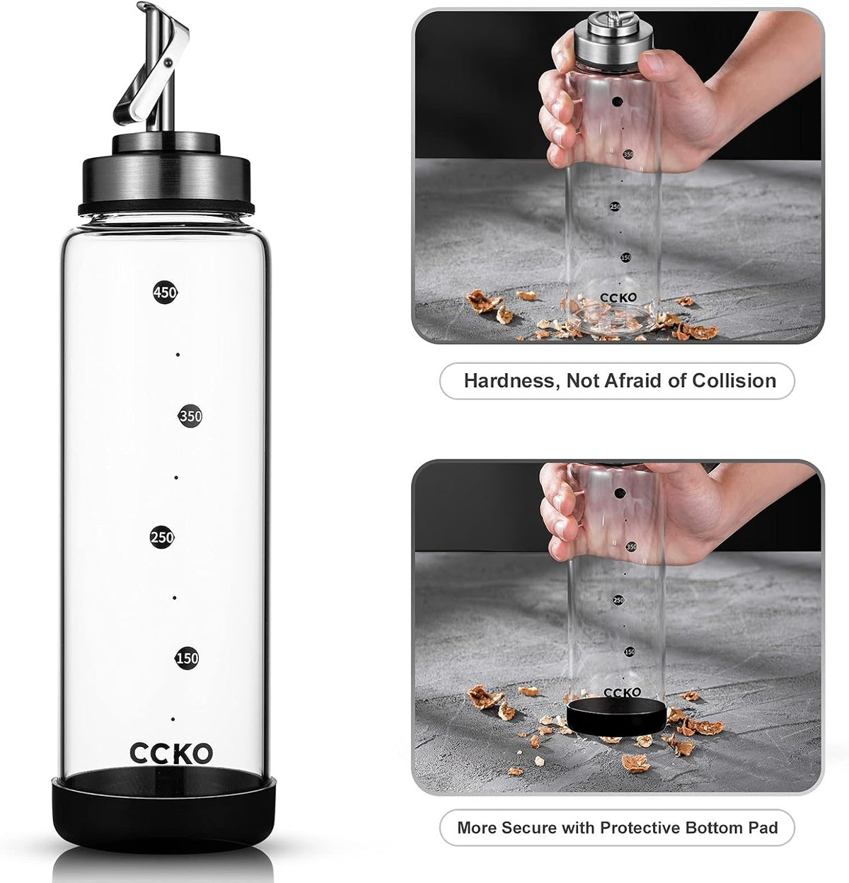 CCKO Glass Olive Oil Dispenser Bottle Shatterproof and Leakproof Oil Dispenser with Stainless Steel Spouts High Temperature Resistant 17oz Cooking Oil and Vinegar Cruet Dispenser Bottle