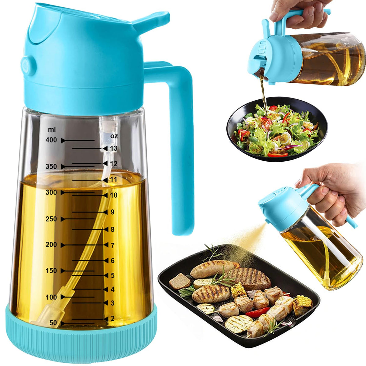 TrendPlain 16oz/470ml Glass Olive Oil Sprayer for Cooking – 2 in 1 Olive Oil Dispenser Bottle for Kitchen Gadgets and Air Fryer Accessories, Salad, BBQ - Black & Green