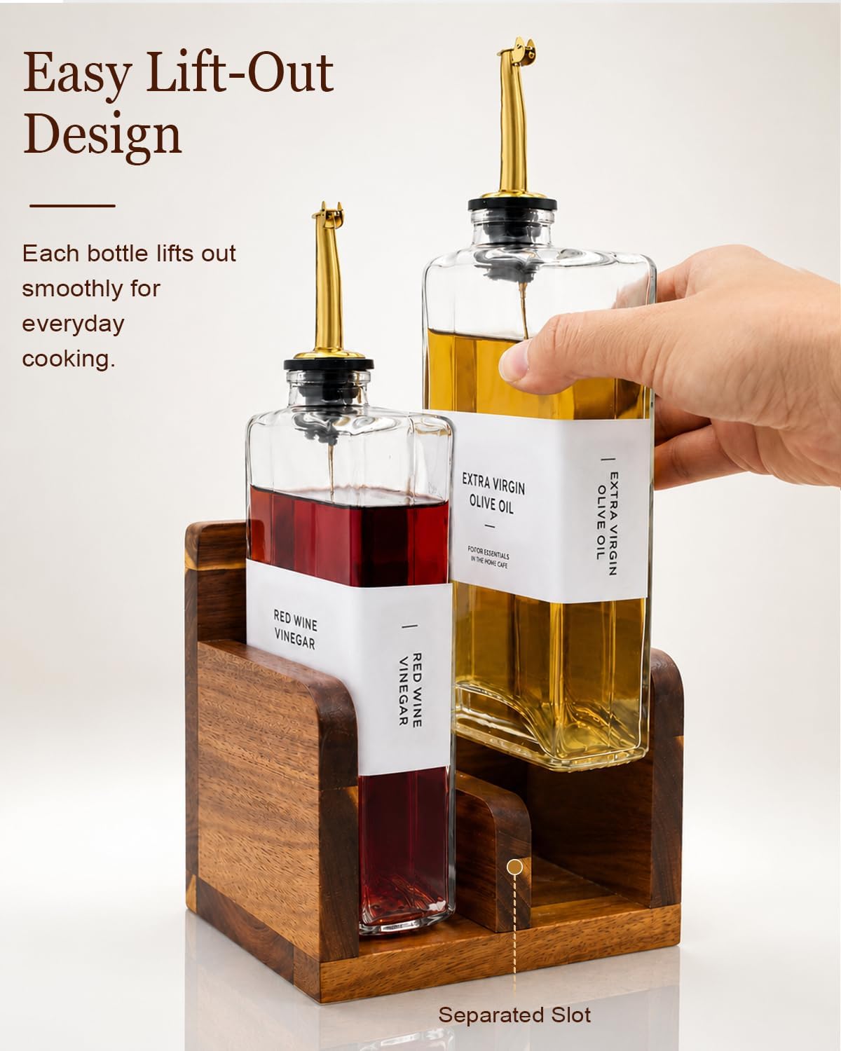 Glass Oil and Vinegar Dispenser Set with Acacia Wood Stand, 2 Pack 12 oz