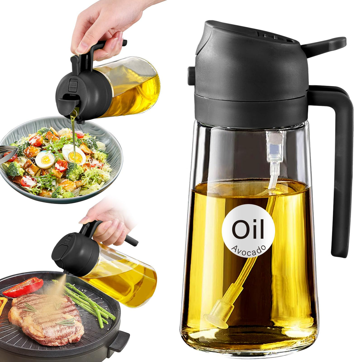 YARRAMATE Olive Oil Dispenser, 2 in 1 Oil Sprayer for Cooking, 16oz/470ml Glass Oil Spray Bottle with Pourer, Food-grade Oil Dispenser and Oil Sprayer for Kitchen, Salad, Frying, BBQ (Black & Green)