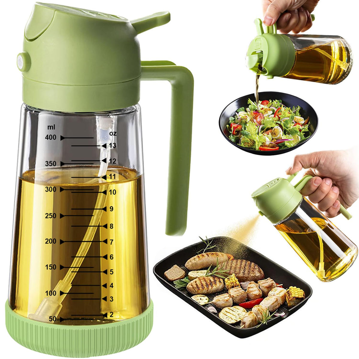TrendPlain 16oz/470ml Glass Olive Oil Sprayer for Cooking – 2 in 1 Olive Oil Dispenser Bottle for Kitchen Gadgets and Air Fryer Accessories, Salad, BBQ - Black & Green