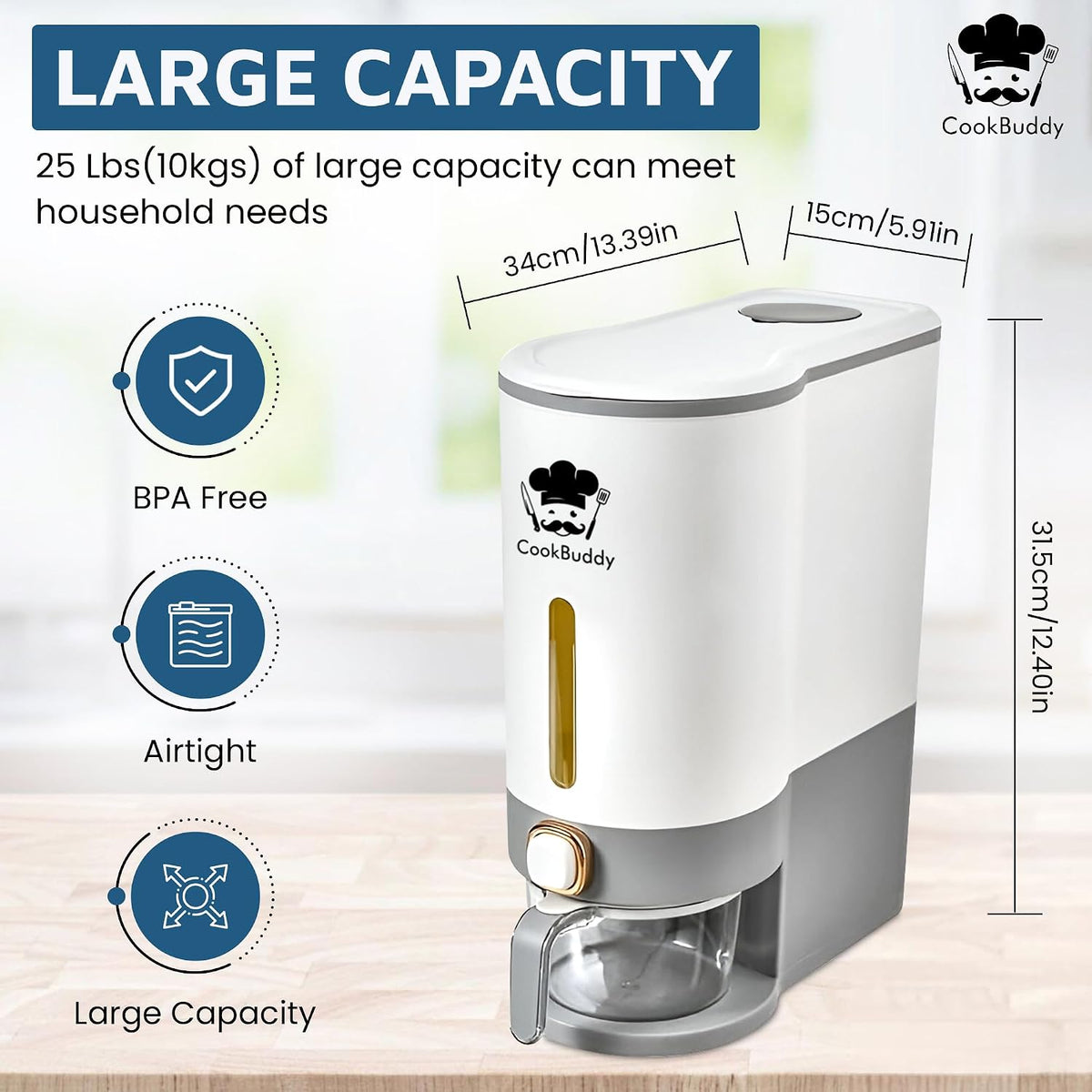 CookBuddy Rice Dispenser - 25 lb Airtight Rice Storage Container - Grain Dispenser