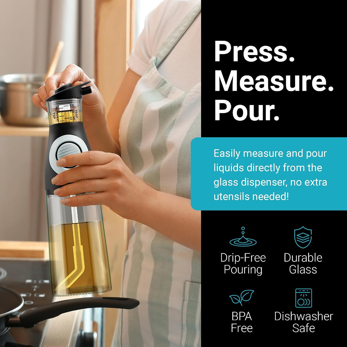 Belwares Oil and Vinegar Dispenser Set with Measuring Cup - 2 Glass Olive Oil Dispenser Bottles for Kitchen - Cooking Oil Bottle Set, Drip-Free Cruets for Salad Dressing, BPA-Free, Dishwasher Safe