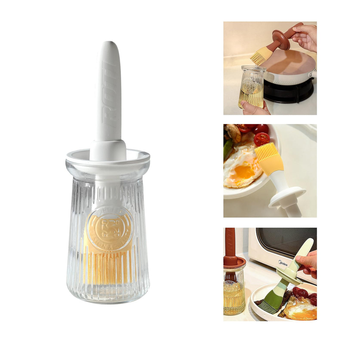 Oil Dispenser with Brush - Glass Olive Oil Dispenser for Kitchen, 3 IN 1 Oil Dispenser Bottle with Silicone Basting Brush for Cooking Vinegar Sauce BBQ Grill Frying (White)