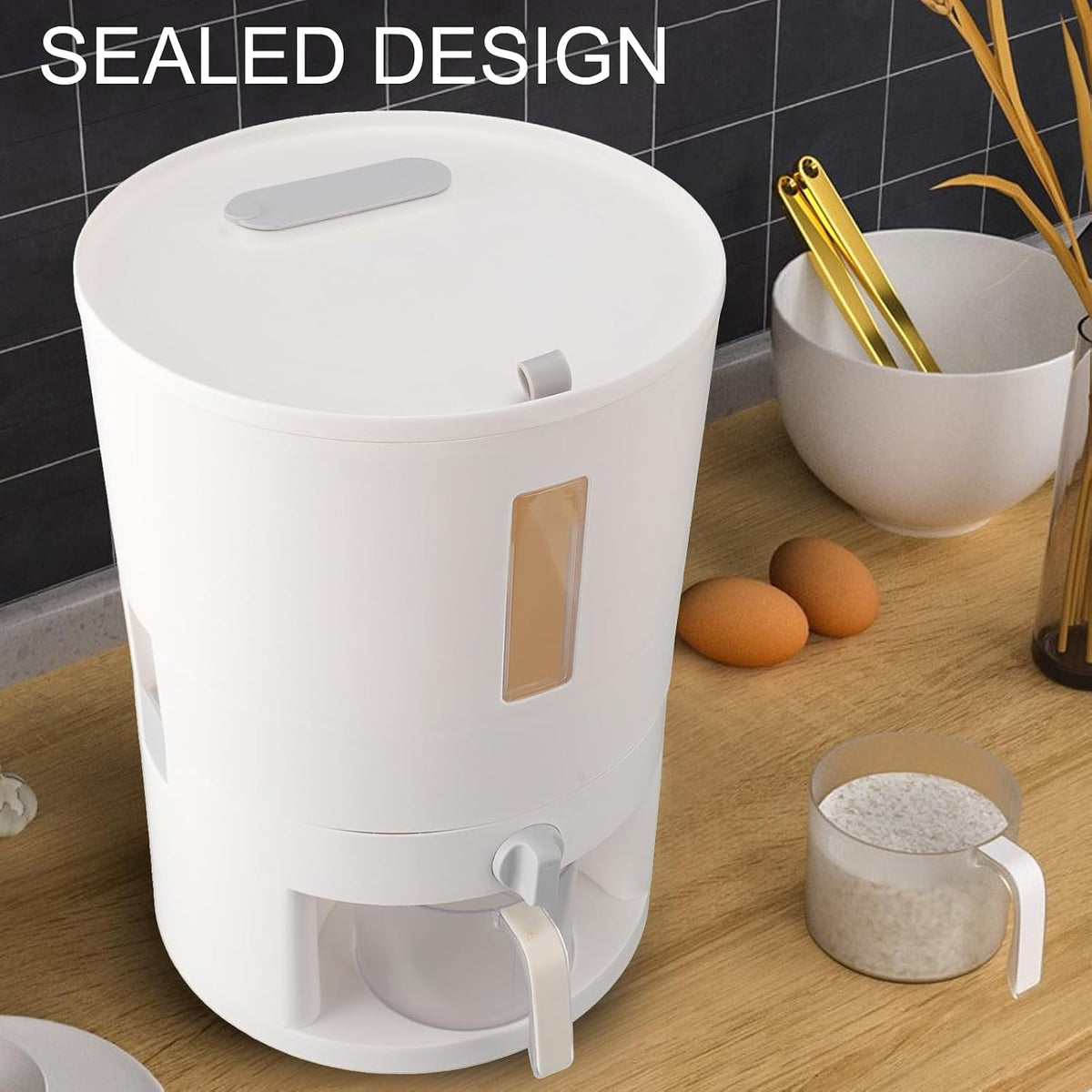 Kitchen Rice Storage Container with Measuring Cup Sealed Design Accurate Measurement Grain Dispenser for Home Use Flour, Pet Food, (Small)