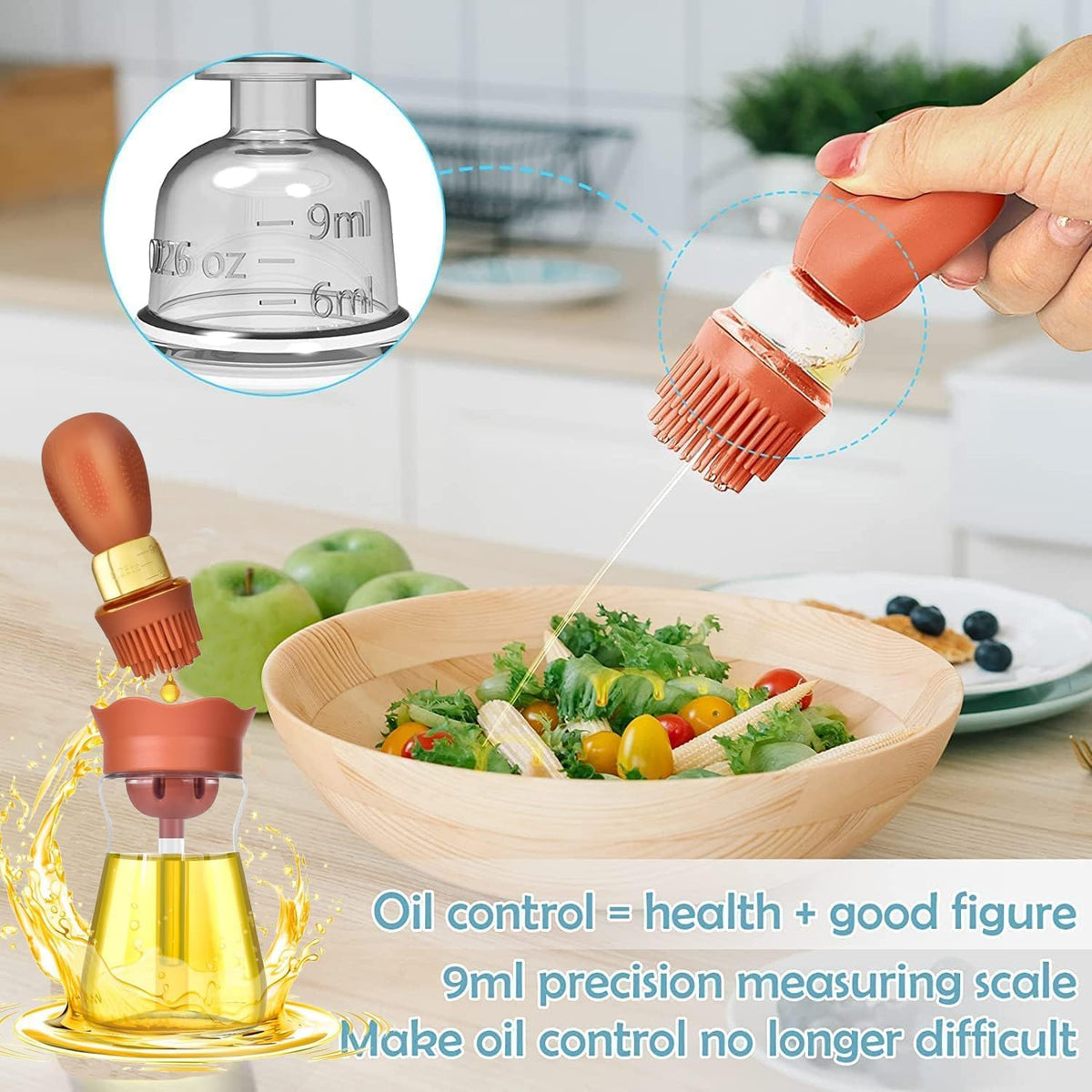 Oil Dispenser Bottle with Silicone Brush, 200ML 2 in 1 Silicone Dropper Measuring Oil Dispenser Bottle for Kitchen Cooking, Frying, Baking, BBQ Pancake, Air Fryer, Marinating - Cream White