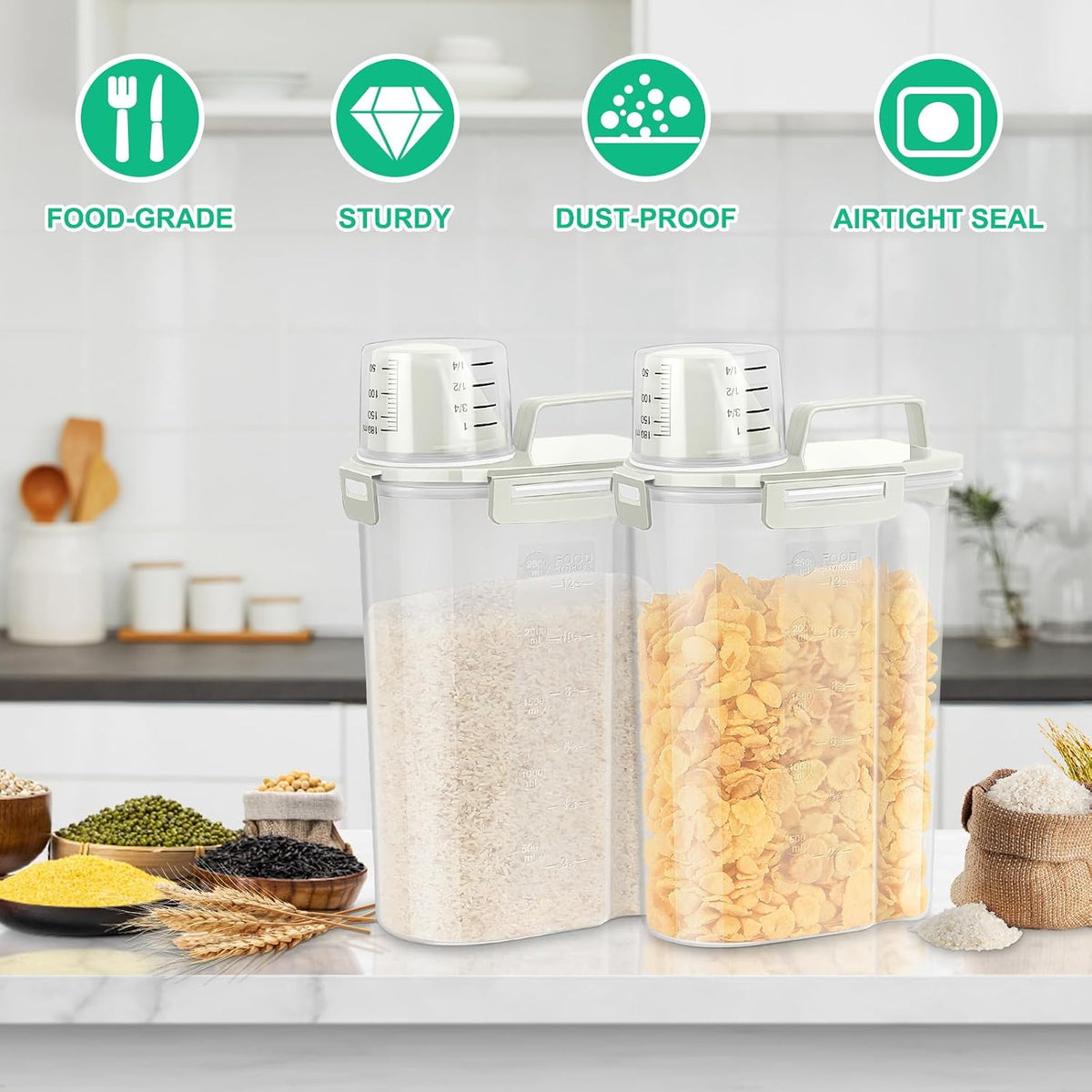 TBMax Rice Storage Container 3 to 5 Lbs - Small Pet Dog Cat Food Container Dispenser with Easy Pouring Spout & Cup, Portable Cereal Container for Small Spaces, Travel, or Daily Use -Beige