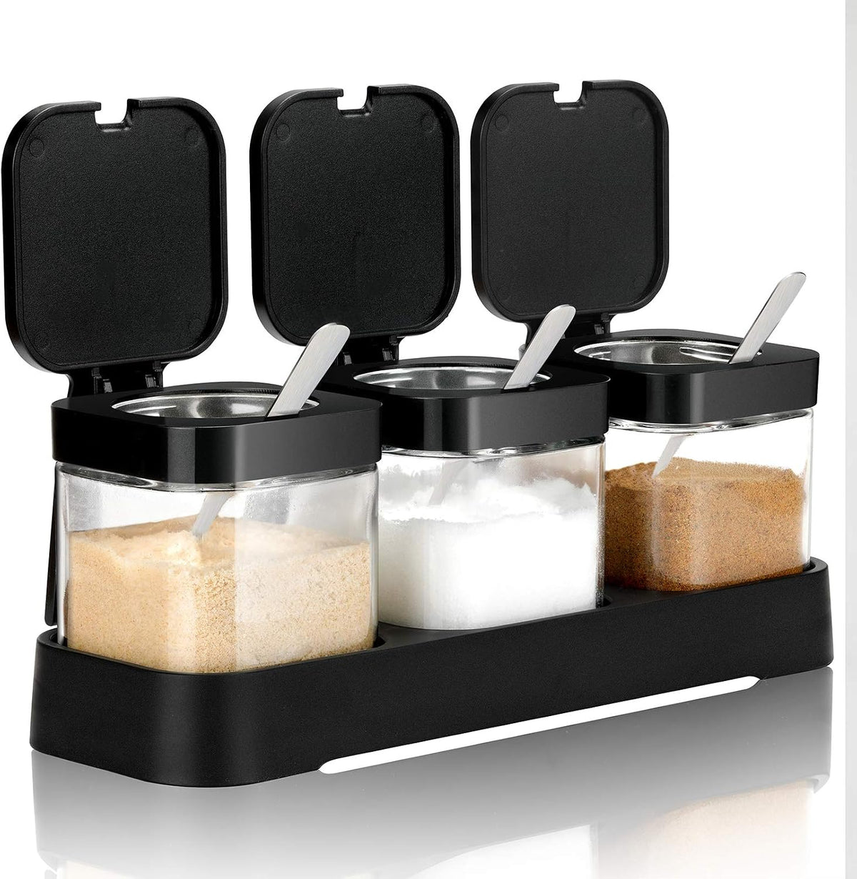 Mlici 3 Pack Condiment Jars, Spice Containers with Lids and Spoons, Black