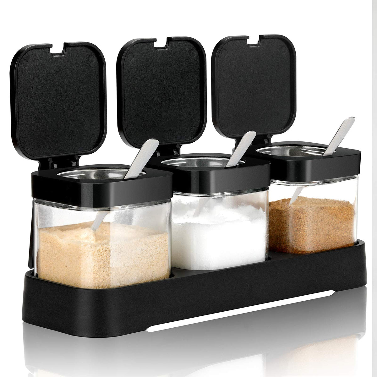 Mlici 3 Pack Condiment Jars, Spice Containers with Lids and Spoons, Black