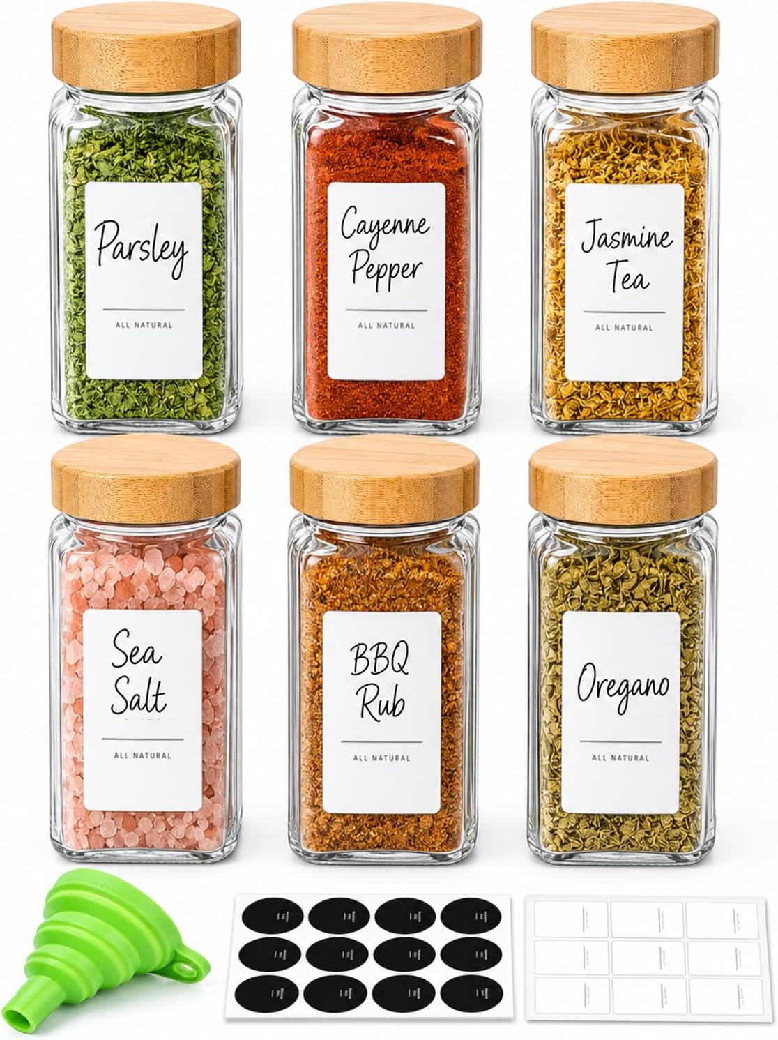 ComSaf Glass Spice Jars with Labels 4 oz 6 Pack Small Bamboo Lids