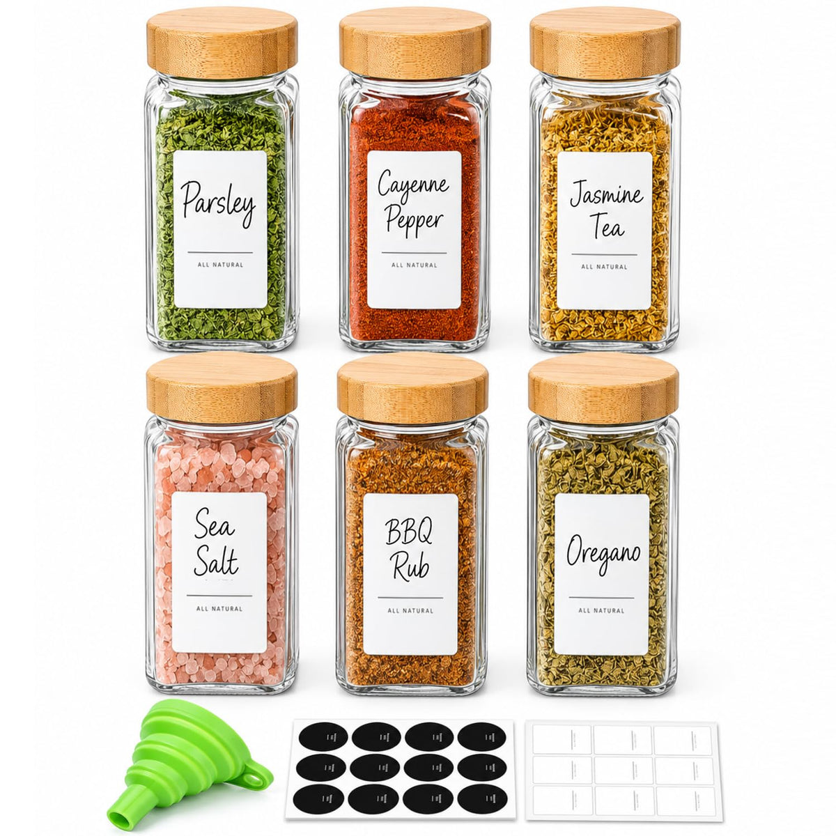 ComSaf Glass Spice Jars with Labels 4 oz 6 Pack Small Bamboo Lids