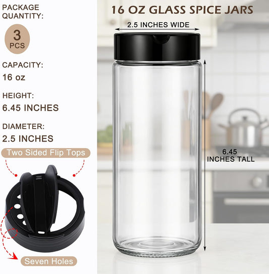 3 Pack 16 oz Glass Spice Jars with Shaker Tops Lids Large Spice Bottle with Lids for Kitchen, Herbs, Sugar, Pantry Herb Salt Pepper Storage (Round)