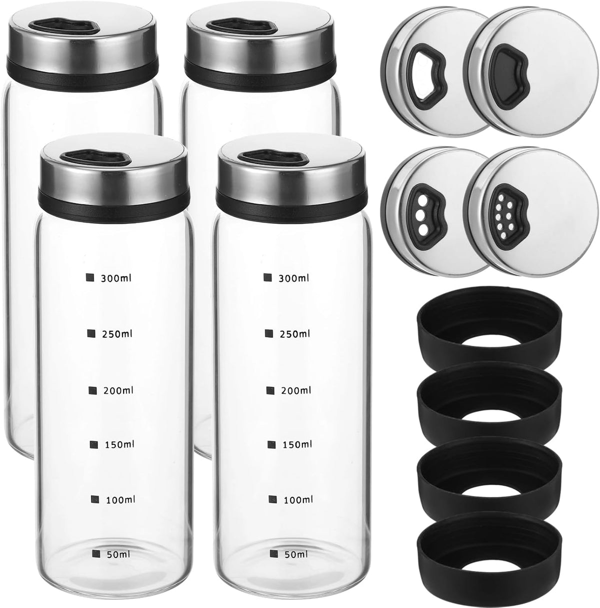 4 Pcs Salt and Pepper Shakers, 350ml Glass Spice Bottles with Adjustable Pour Holes, Spice Dispensers with Non-Slip Silicone Bases, Seasoning Jars with Rotating Steel Lids for Kitchen