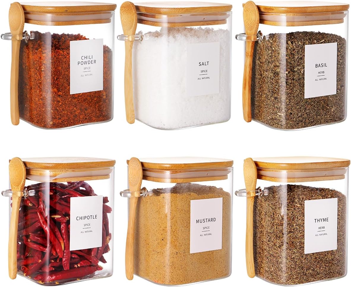 HHMJSM 6 Pcs Square Glass Jar with Bamboo Lid and Spoon - 27 oz Large Sugar Container with 148 Kitchen Pantry Spice Jar Labels Preprinted - Glass Containers with Wooden Lids Hold Coffee, Tea, Candy