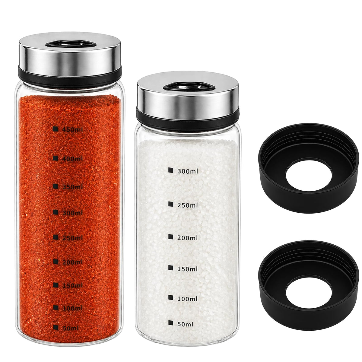 4 Pcs Salt and Pepper Shakers, 350ml Glass Spice Bottles with Adjustable Pour Holes, Spice Dispensers with Non-Slip Silicone Bases, Seasoning Jars with Rotating Steel Lids for Kitchen