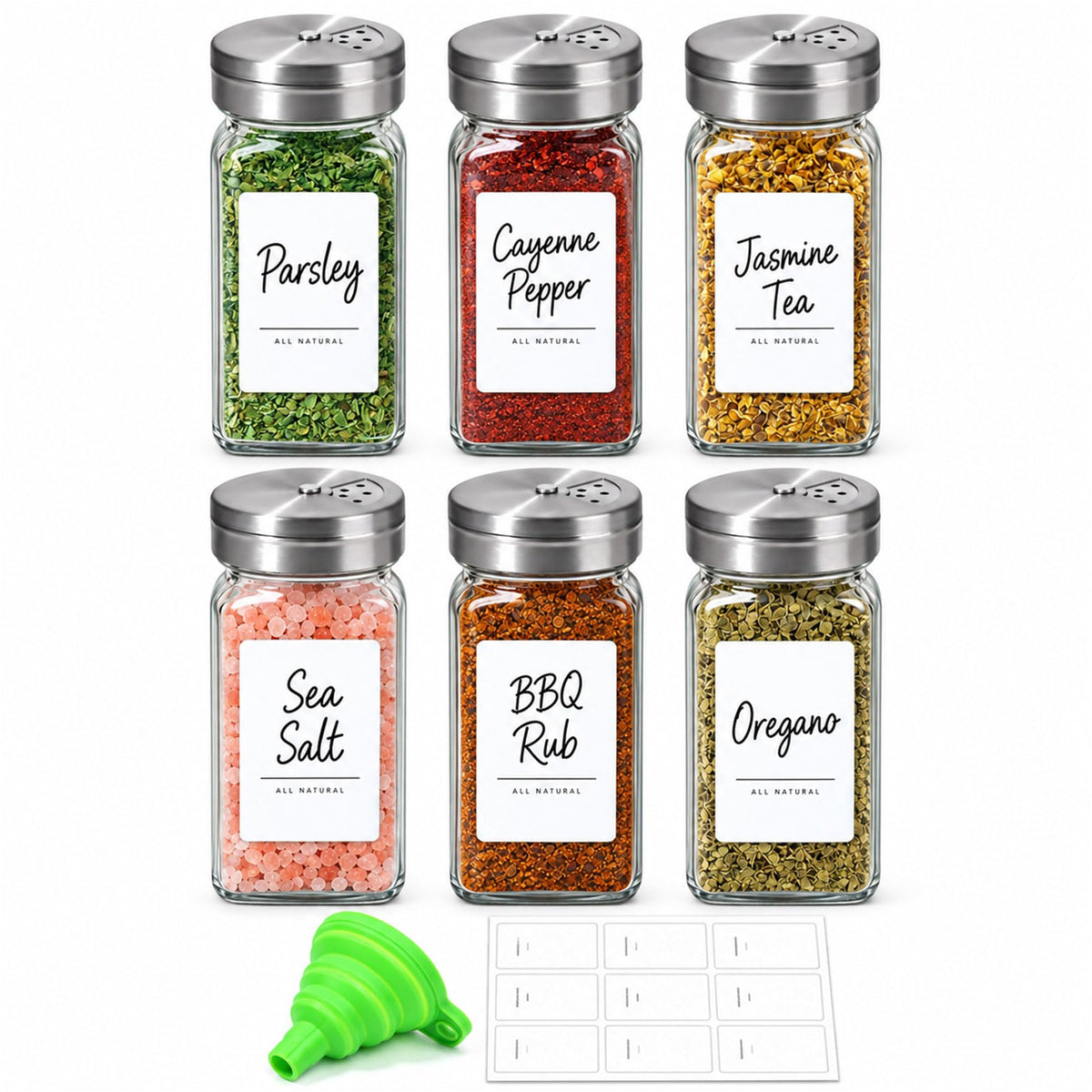 ComSaf Glass Spice Jars with Labels 4 oz 6 Pack Small Square
