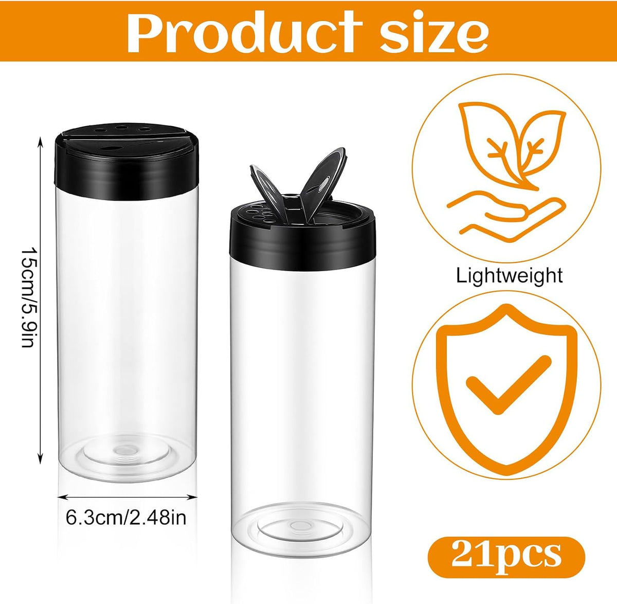21pcs 16 oz Plastic Spice Jars with Shaker Lids,Clear Black Spice Bottles Containers,Reusable Seasoning Jars for Kitchen Storing and Dispensing