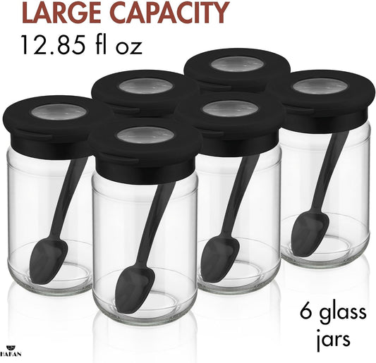 Hakan Spice Jars with Spoons | Clear Glass Spice Jars with Airtight Lids | Round Seasoning Organizers | Canister Set for Countertop | Food Storage Container Set, 6-Pack | 12.8 Oz
