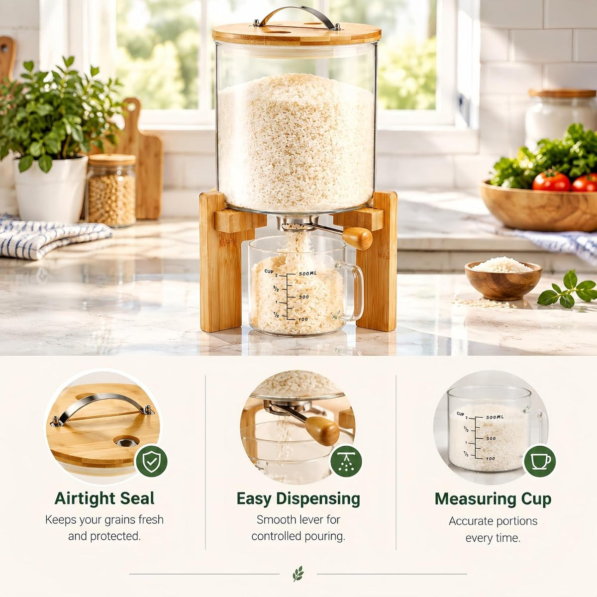 Tlence 5L Glass Rice Dispenser, Cereal Container with Bamboo Stand, Large Airtight Food Storage Bin, Rice Organization Tank with Measuring Cup for Grain Coffee Beans Dry Food