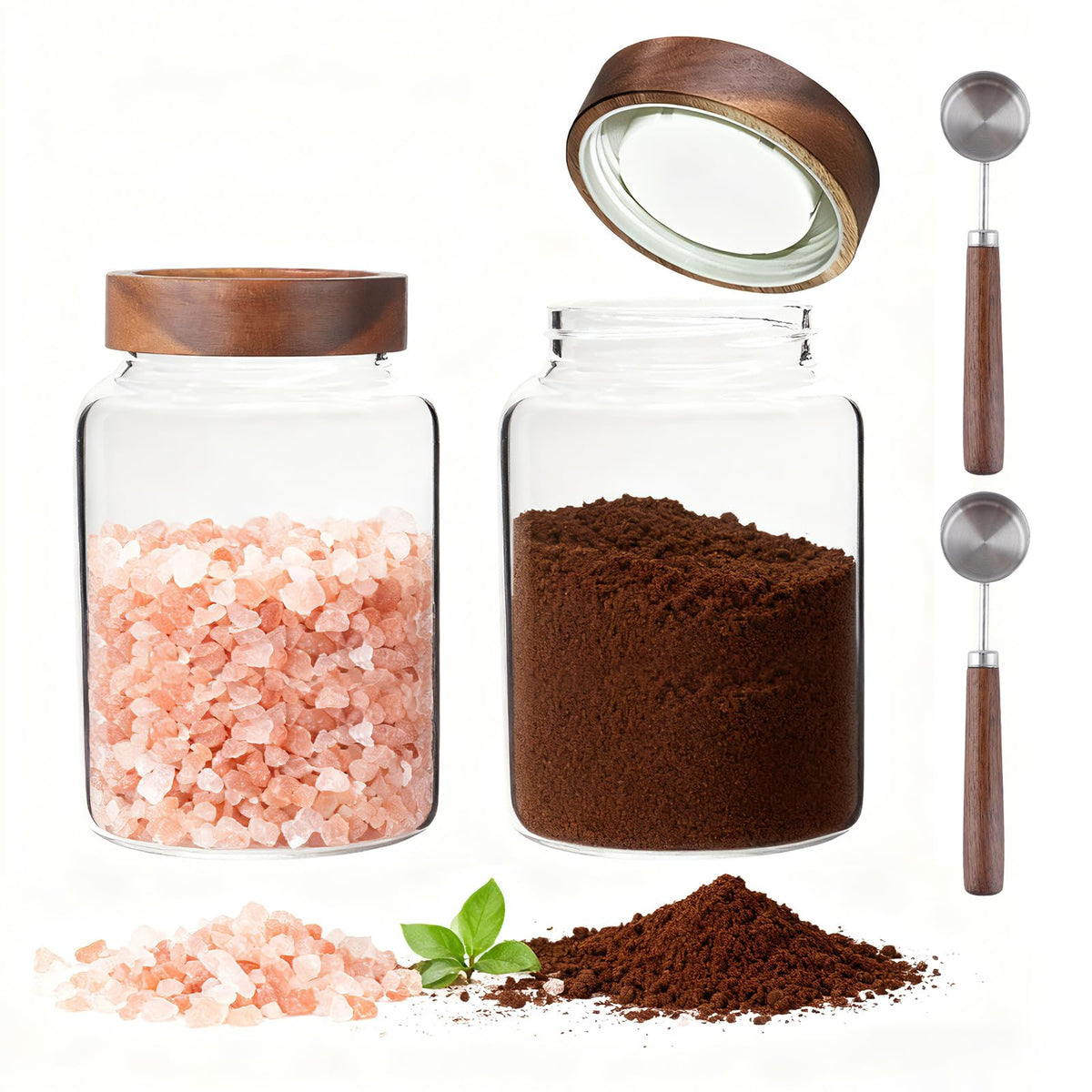 6 pc Glass Spice jars Glass Jars with Screw Lid 5 oz Acacia Wood Glass Herb Sugar Coffee Bean Ground Container Food Storage Canister for Candy Pantry Tea Seasoning Meal Prep Snack (6*150ml(5oz))
