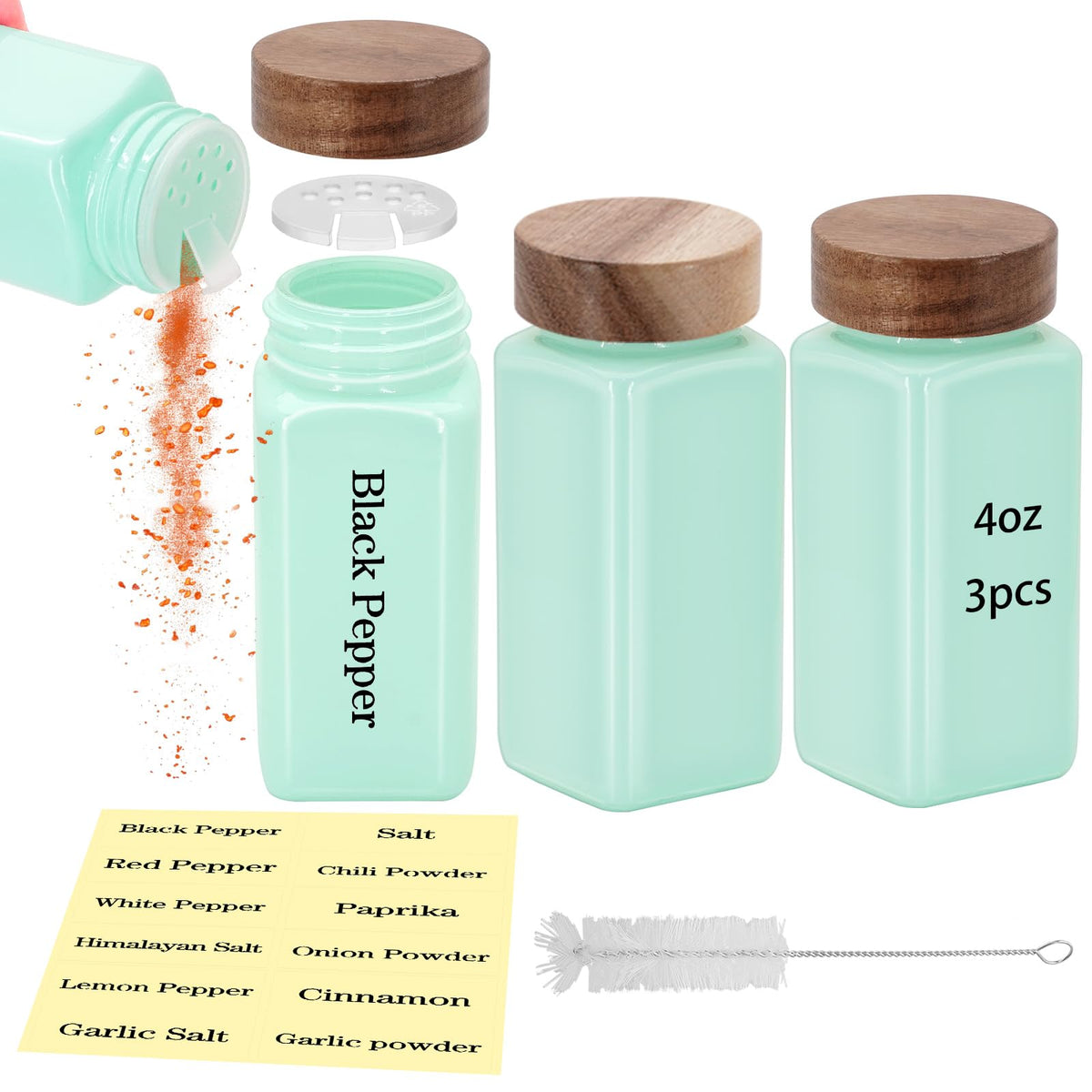 3Pcs 4 oz Square Glass Spice Jars with Label, Empty Spice Containers with Wooden Lids, Square Seasoning Containers and Supplement Set, Small Seasoning Bottles for Salt, Sugar, Pepper (White)