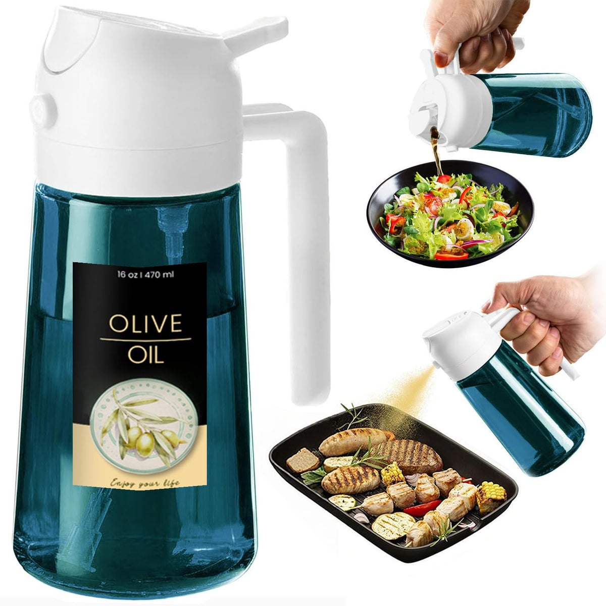 TrendPlain 16oz/470ml Blue Glass Olive Oil Sprayer for Cooking - 2 in 1 Olive Oil Dispenser for Kitchen Gadgets, Air Fryer, Salad, and BBQ (1 Pack, Black & Navy)