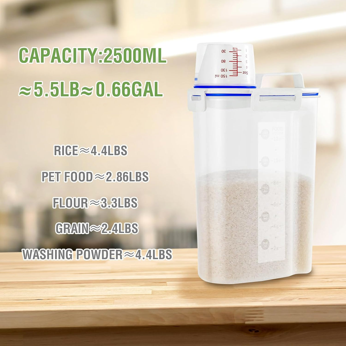 2 Pcs 5.5Lbs Rice Storage Container, Rice Container with Measuring Cup & Pour Spout, Kitchen Plastic Airtight Container for Cereal, Grain, Flour, Sugar, Oatmeal, Dry Pet Dog Food