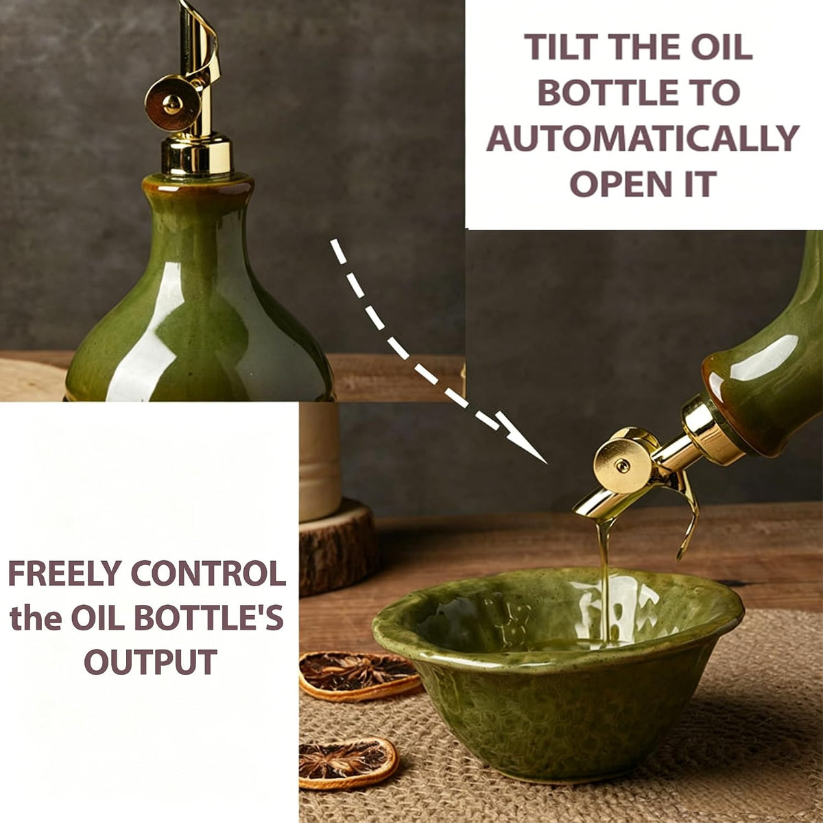 23.6Oz Green Ceramic Olive Oil Dispenser Bottle with Gold Gravity Spout