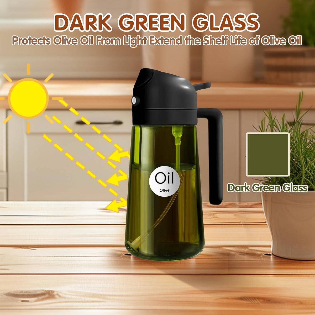 YARRAMATE 16 oz Dark Glass Olive Oil Sprayer & Dispenser, 2-in-1, Black