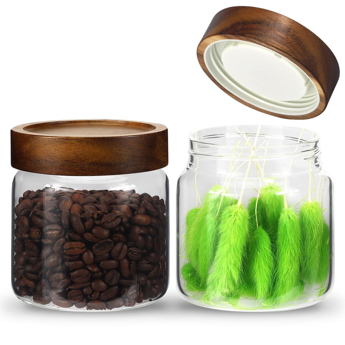 6 pc Glass Spice jars Glass Jars with Screw Lid 5 oz Acacia Wood Glass Herb Sugar Coffee Bean Ground Container Food Storage Canister for Candy Pantry Tea Seasoning Meal Prep Snack (6*150ml(5oz))