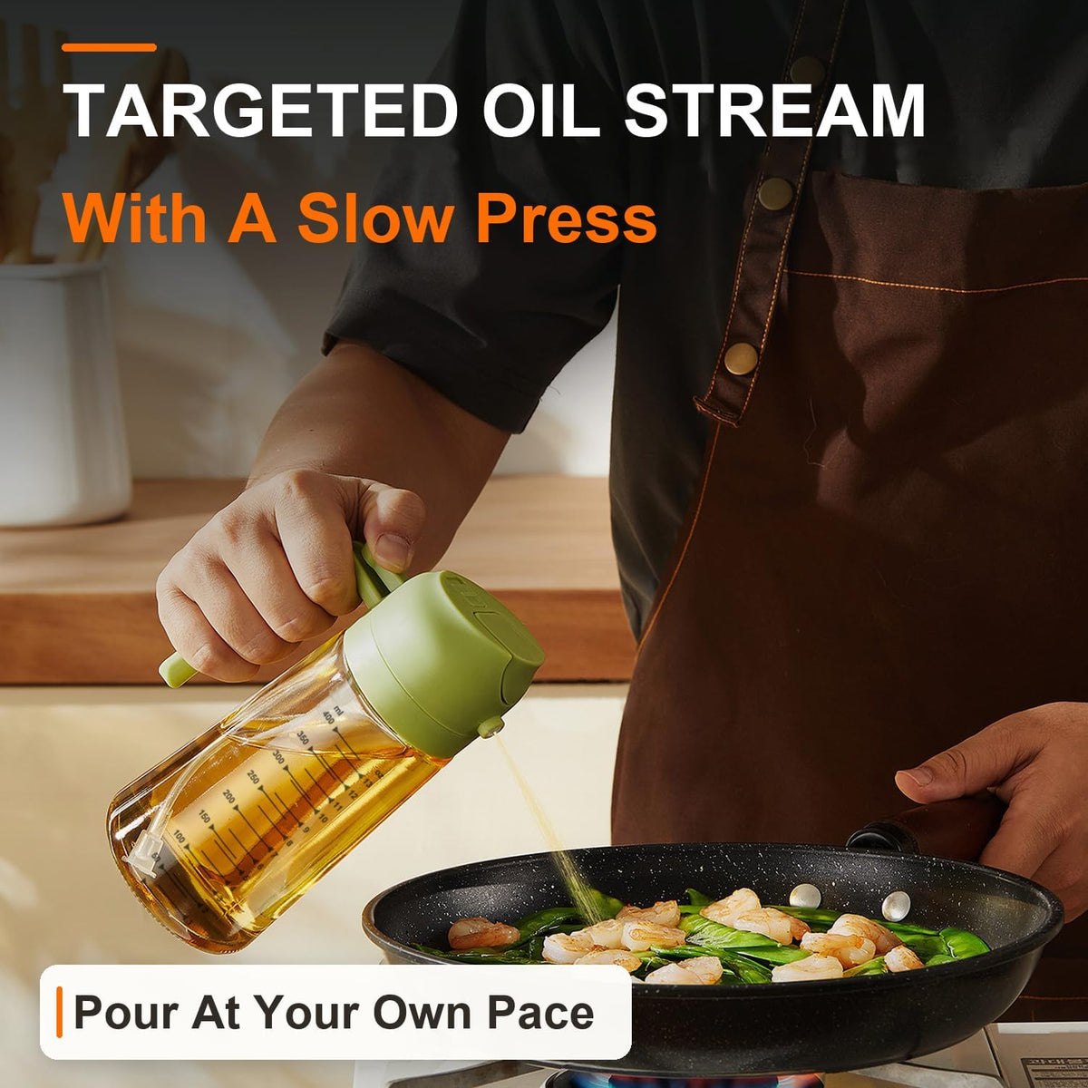 TrendPlain 16oz/470ml Glass Olive Oil Sprayer for Cooking – 2 in 1 Olive Oil Dispenser Bottle for Kitchen Gadgets and Air Fryer Accessories, Salad, BBQ - Green