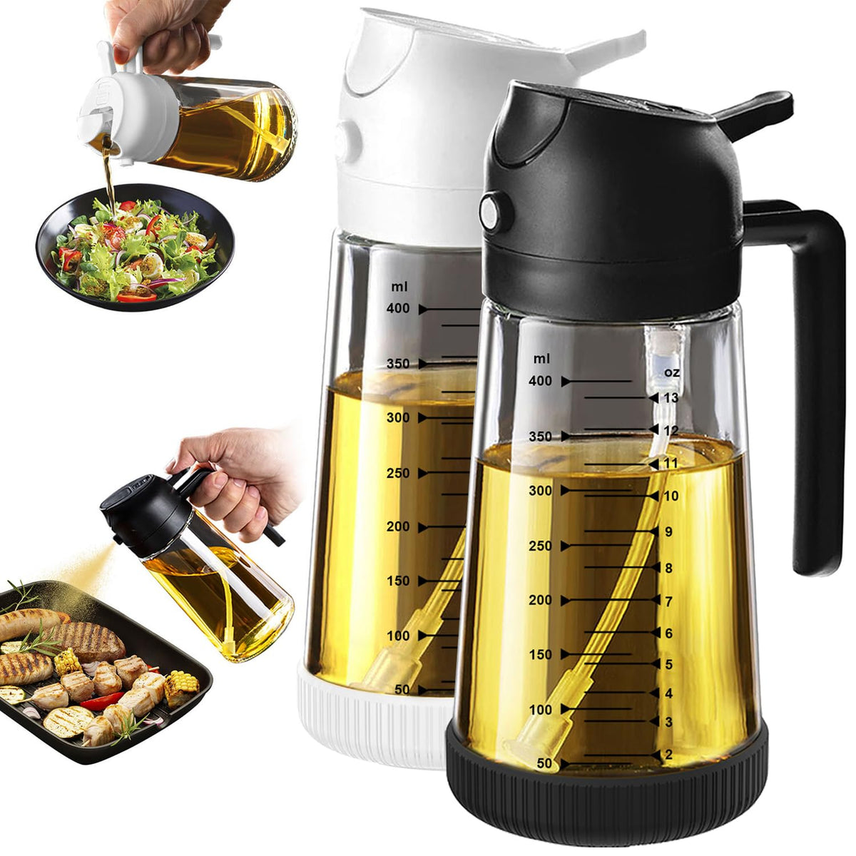 TrendPlain 16oz/470ml Glass Olive Oil Sprayer for Cooking – 2 in 1 Olive Oil Dispenser Bottle for Kitchen Gadgets and Air Fryer Accessories, Salad, BBQ - Black