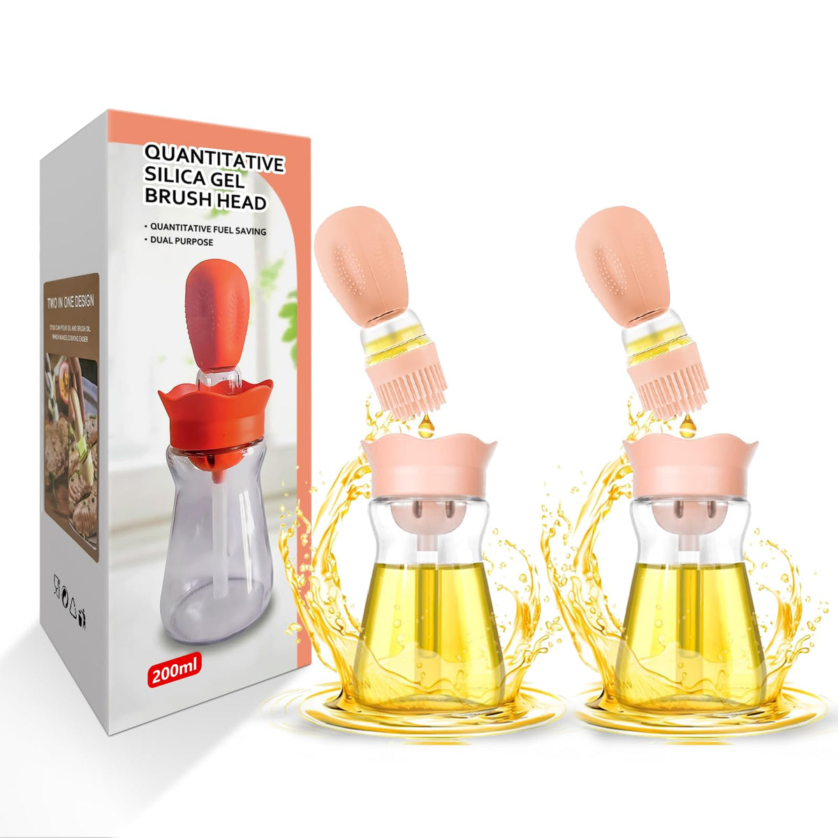Oil Dispenser Bottle with Silicone Brush, 200ML 2 in 1 Silicone Dropper Measuring Oil Dispenser Bottle for Kitchen Cooking, Frying, Baking, BBQ Pancake, Air Fryer, Marinating - Cream White