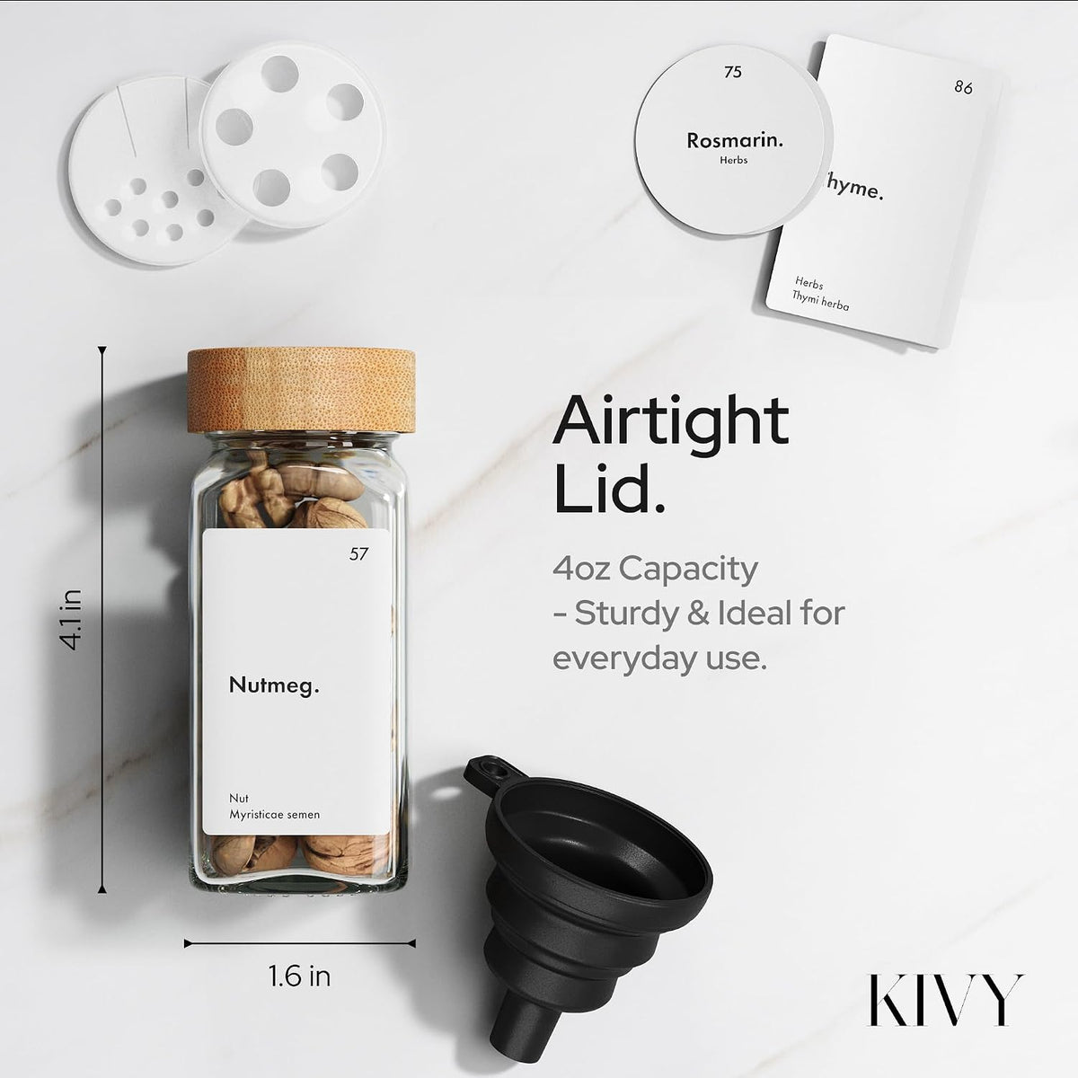 KIVY Spice Jars with Labels - 24x 4oz - Airtight Lids & BPA-Free - Bamboo