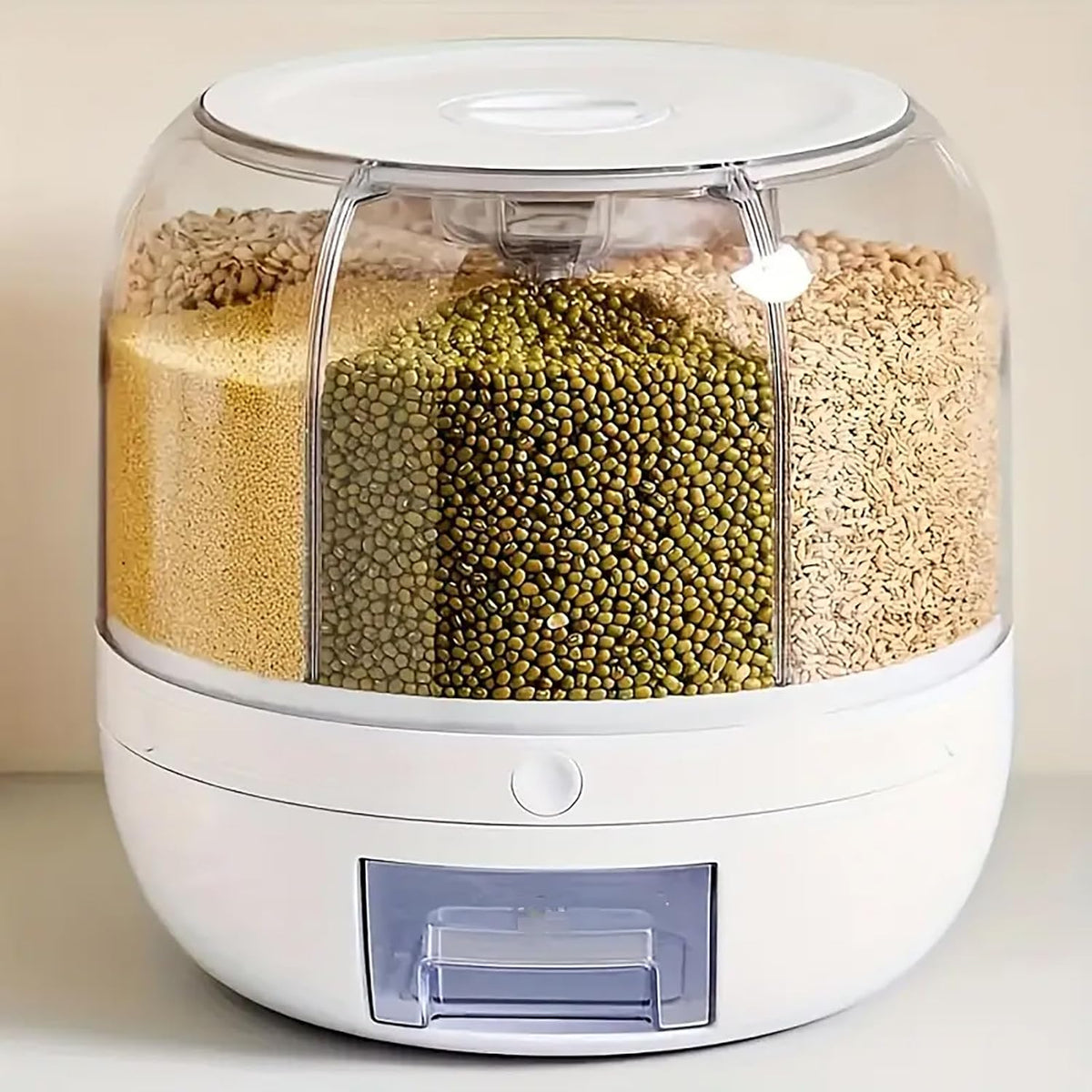 360° Rotating Grain Dispenser, 6-Grid Large Rice Storage Container (13 Lbs), One-Click Output Sealed Food Storage for Rice, Beans, Cereal - Countertop Kitchen Organization