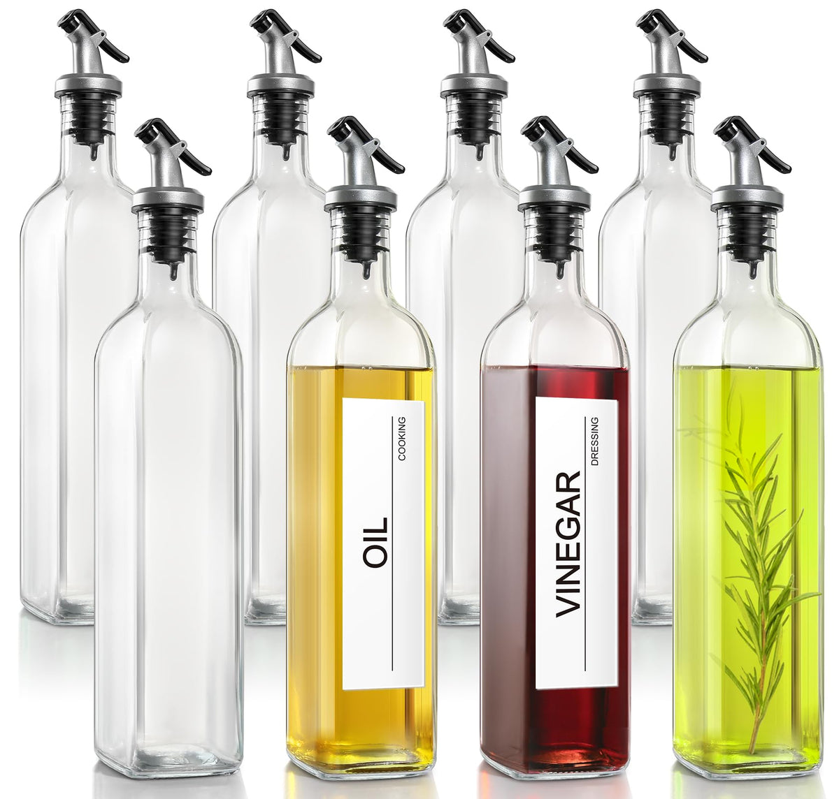 gmisun Olive Oil Dispenser Bottle for Kitchen, 4 Pack 17 Fl Oz Glass Oil Dispensers Bottles, Clear Cooking Vegetable Oil Dispenser Container Cruet Set with Plastic Pourer Spout, Funnel and Labels