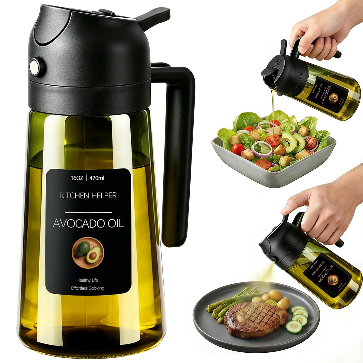 Poshetion 2 in 1 Olive Oil Sprayer for Cooking, 16oz Light-Proof Oil Dispenser for Kitchen, Leak-Proof Oil Spray Bottle for Air Fryer, Salad, BBQ, Baking, Grilling - Black & Black